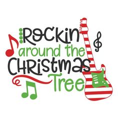 rockin'around the christmas tree with guitar and musical notes