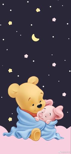 winnie the pooh and piglet hugging in the snow at night with stars above