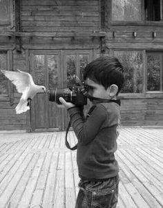 a young boy holding a camera up to a bird