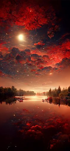 the sky is full of stars and clouds as it reflects in the water at night