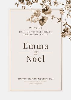 an elegant wedding card with flowers on the front and back, in black and white