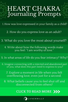 The heart chakra, or Anahata, is the center of love, balance, and connection. Located right in the center of the chest in the heart region, the heart chakra is associated with the color green and the element of air. This chakra is responsible for regulating the energy associated with self-acceptance, self-love, compassion, openness, and unconditional love of others. Discover more heart chakra journaling prompts + loads of other mind/body/spirit journaling ideas! #heartchakra #chakrajournaling Chakra Journal, The Heart Chakra, Chakra Health, Heart Chakra Healing, Chakra Affirmations, Spiritual Journals, Energy Healing Spirituality