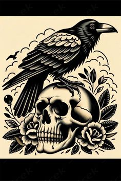 a black bird sitting on top of a skull