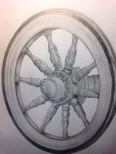 a pencil drawing of a wheel with four hands on it