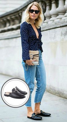 Black Mules Outfit Summer, Spring Ankle-high Moto Boots With Lug Sole, Mules Outfit Summer, Black Mules Outfit, Mules Shoes Outfit, Mule Shoes Outfit, Mules Outfit, Look Office, Blue Dress Casual