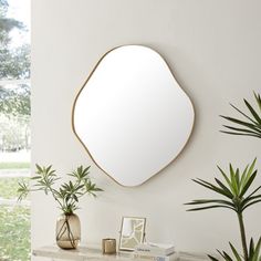 a mirror sitting on top of a table next to plants