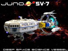 an image of a space station in the middle of outer planets with text that reads, juno sv7 deep space science vessel