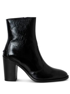 black calf leather patent finish crinkled finish silver-tone logo plaque round toe side zip fastening ankle-length branded leather insole high block heel leather sole Zara High Ankle Heeled Boots With Reinforced Heel, Black Ankle Boots Metal, Silver Leather Ankle Boot Heels, Zadigvoltaire Boots, Zadig And Voltaire This Is Her, Zadig And Voltaire, Shoes Booties, Leather Ankle Boots, Black Ankle Boots