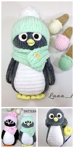 crocheted stuffed penguins with hats and scarves for children to wear in winter