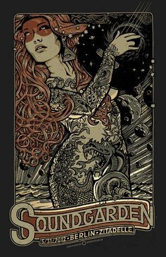 the poster for veterans meeting sound garden, featuring an image of a woman holding a guitar