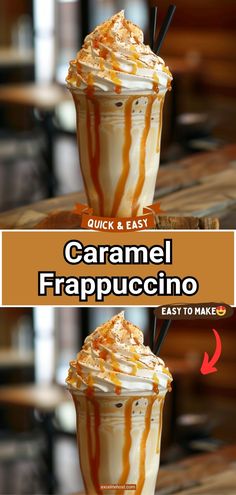 caramel frapuccino in a tall glass with whipped cream and caramel drizzle on top