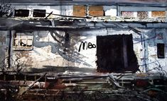 a painting of an old building with graffiti on it