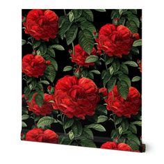 red roses with green leaves on a black background canvas wall art print, 18x16