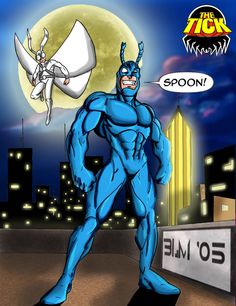 the blue beetle is standing in front of a cityscape with a bird flying over it