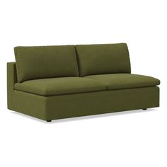 a green couch with two pillows on the back and one arm folded out to show it's fabric