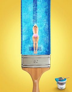 a woman in a pink swimsuit standing on top of a mirror next to a bowl of yogurt