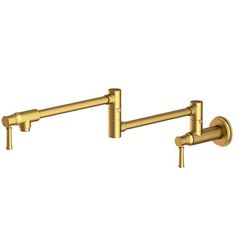 two brass colored wall mounted faucets on a white background, with the handles pointing upward