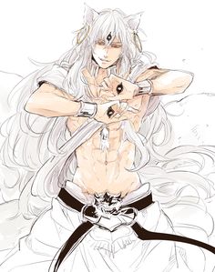 an anime character with long hair holding two swords