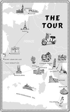 the tour map for france with all its major cities and their locations in black and white