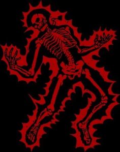 a red and black image of a skeleton with spooky hands on it's back