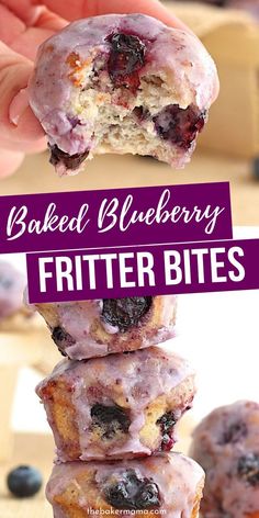 a hand holding up a blueberry fritter with the words baked blueberry fritter bites above it