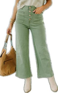 Trendy High Rise Wide Leg Pants For Fall, Chic Wide-leg Jeans With Pockets, Green Wide Leg Jeans For Fall, Trendy High-waisted Flare Jeans For Fall, Trendy Wide Leg Flare Jeans For Fall, Wide-leg Jeans With Pockets For Day Out, High-waisted Flare Jeans For Fall, Casual Summer Wide-leg Flare Jeans, Casual Straight Leg Flare Jeans With Button Closure