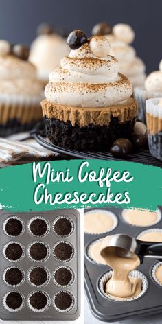 mini coffee cheesecakes with frosting in muffin tins and cupcake pan