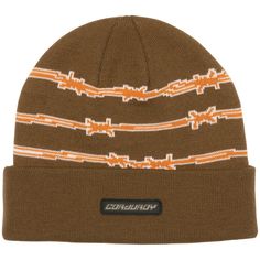 a brown beanie with orange and white stripes