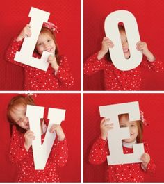 four pictures of a child holding up the letters to spell love in front of their face