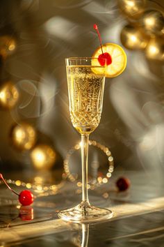 a wine glass filled with champagne and topped with a slice of lemon next to a cherry