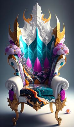 an ornately decorated chair sits in front of a dark background