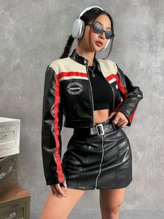 Albaricoque Casual Collar manga larga Cuerina Color combinado,Letras Más Embellished No-Elástico Womens Jackets Casual, Cropped Zip Up, Pu Leather Jacket, Leather Jacket Outfits, Leather Motorcycle Jacket, 가을 패션, Style Streetwear, Y2k Streetwear, Leather Jackets Women