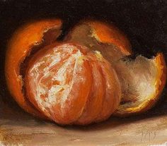 an oil painting of two oranges sitting on a table top next to each other