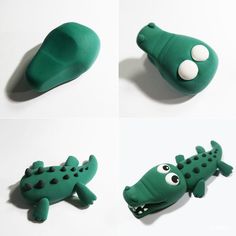 four different pictures of green alligators with eyes and nose, including one in the shape of a toothbrush