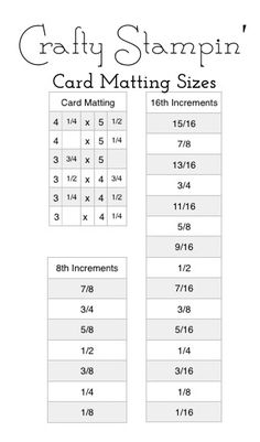 the crafty stamp card mating size guide is shown in red and white, with numbers