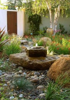 a garden with rocks and plants around it