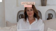 a woman sitting on a couch with a laptop in front of her and the words listen now above her head