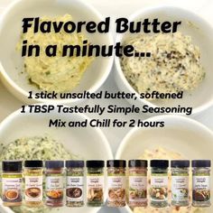 four different types of spices in bowls with the words flavored butter in a minute