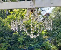 a chandelier hanging from the ceiling in a garden