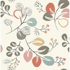 an abstract floral wallpaper with leaves and berries