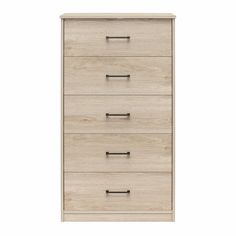 the chest of drawers has five drawers and two handles on each side, with one drawer open