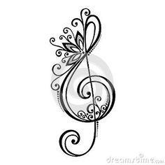 an artistic music note with swirls and leaves