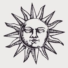 the sun with its face drawn in black ink on a white background, vintage style