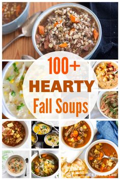 a collage of hearty fall soups