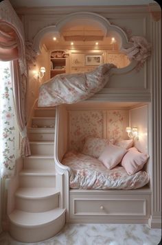 there is a bunk bed in the room with stairs to the top and bottom floor