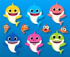 a group of different colored sharks with big eyes and teeth on their mouths, all smiling