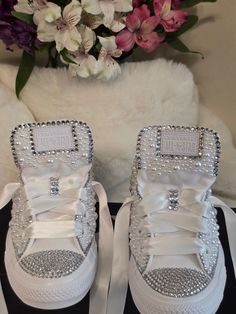 Custom hand jeweled converse wedding shoes. Silver Lace-up Sneakers For Wedding, Embellished Low-top Wedding Sneakers, Silver Sneakers For Wedding With Round Toe, Wedding Lace-up Sneakers With Rhinestones, Bedazzled Sneakers, Embellished Lace-up Sneakers For Weddings, Bedazzled Converse, Converse Wedding Shoes, Bedazzled Shoes