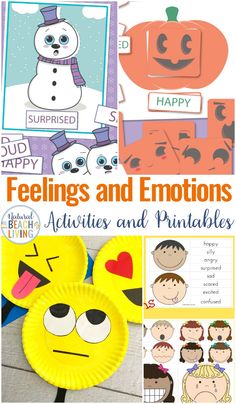 feelings and emotions activities for kids to learn with paper plates, pumpkins, and other things