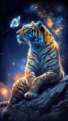 a white tiger sitting on top of a rock under a sky filled with stars