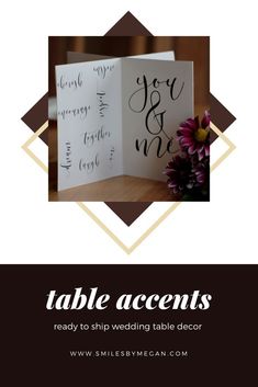 an open card with the text table accents ready to ship wedding table decor